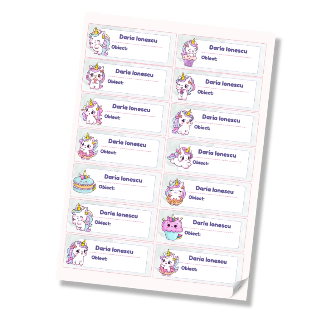 Stickere (etichete autoadezive) personalizate pentru școală – Unicorni Fermecați