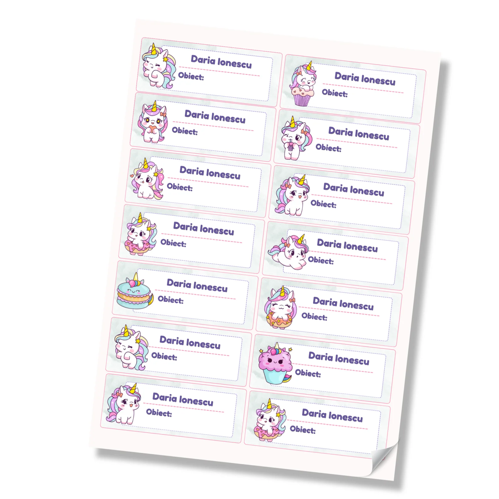 Stickere (etichete autoadezive) personalizate pentru școală – Unicorni Fermecați