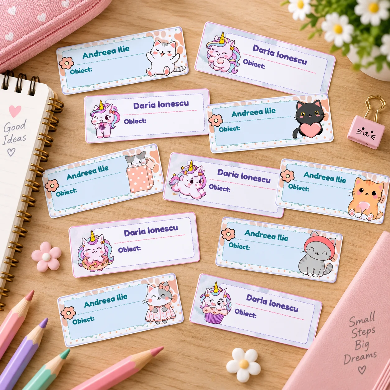 Stickere (etichete autoadezive) personalizate pentru școală – Unicorni Fermecați