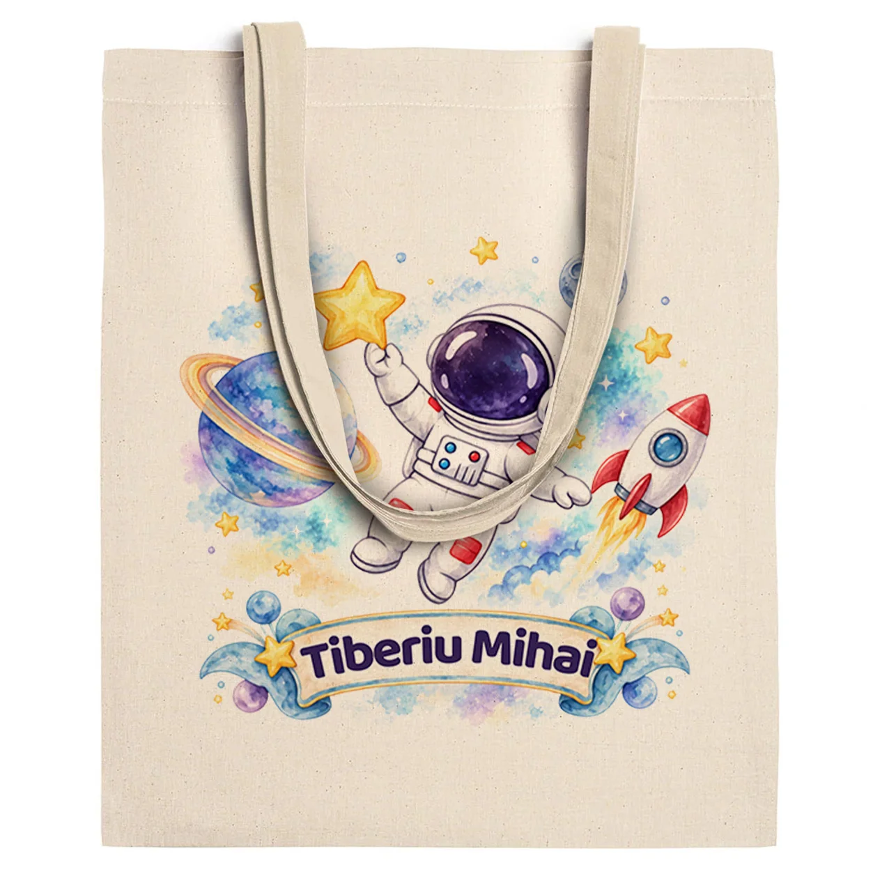 Sacoșă din bumbac personalizată cu nume – Explorator Spațial