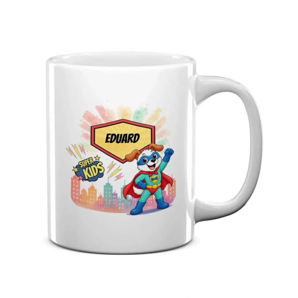 Cană ceramică personalizată pentru copii Cățelul cel Curios - Super Kids