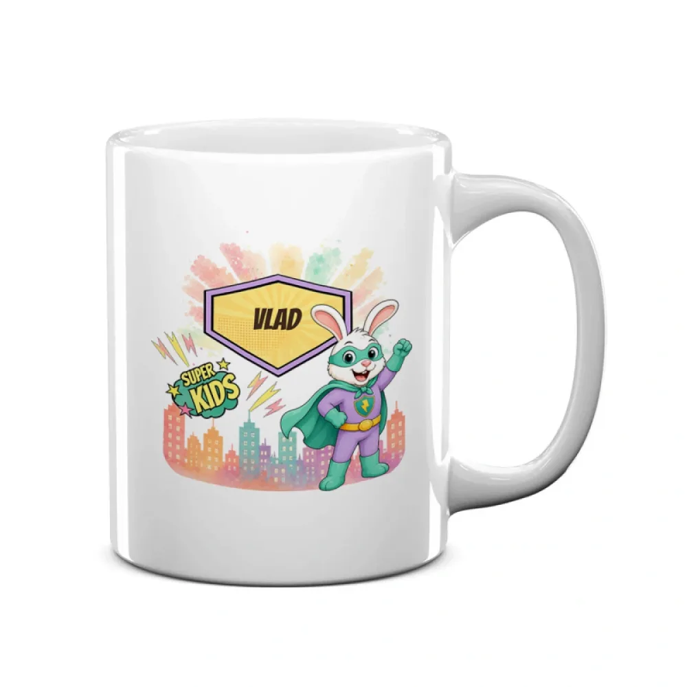 Cană ceramică personalizată pentru copii Iepurașul cel Rapid - Super Kids