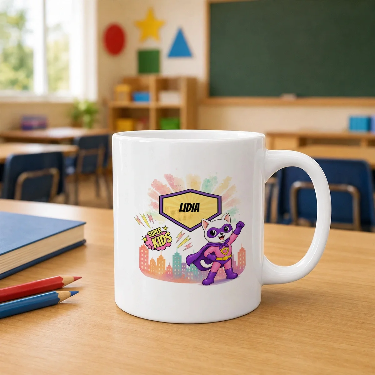 Cană ceramică personalizată pentru copii Pisicuța Inimoasă -  Super Kids