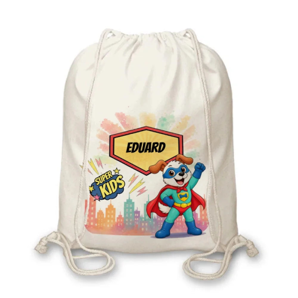 Rucsac textil personalizat pentru copii Cățelul cel Curios -  Super Kids
