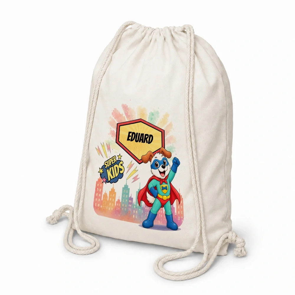 Rucsac textil personalizat pentru copii Cățelul cel Curios -  Super Kids