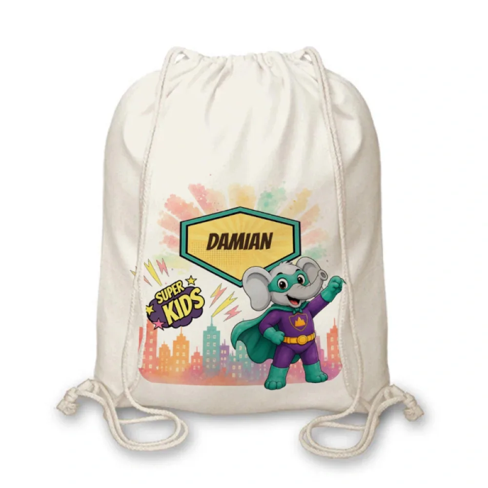 Rucsac textil personalizat pentru copii  Elefănțelul cel Puternic - Super Kids