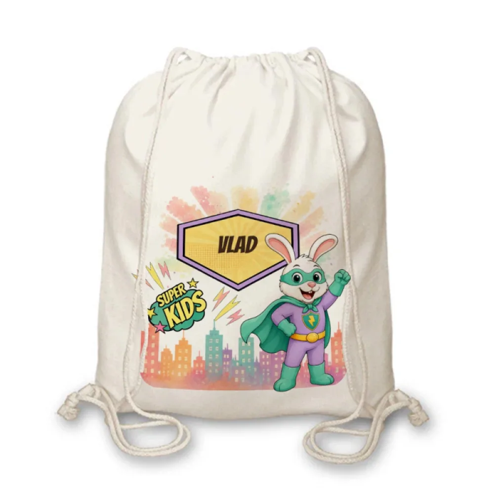 Rucsac textil personalizat pentru copii Iepurașul cel Rapid - Super Kids