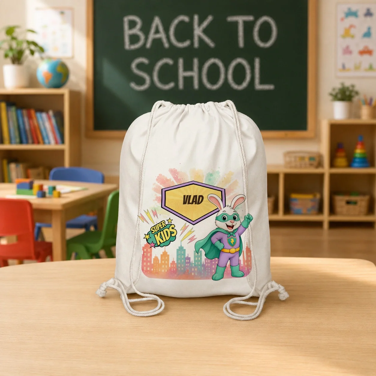 Rucsac textil personalizat pentru copii Iepurașul cel Rapid - Super Kids
