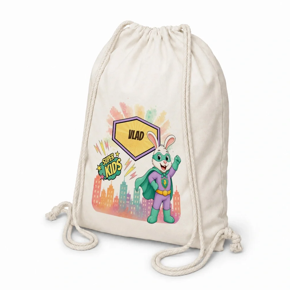 Rucsac textil personalizat pentru copii Iepurașul cel Rapid - Super Kids
