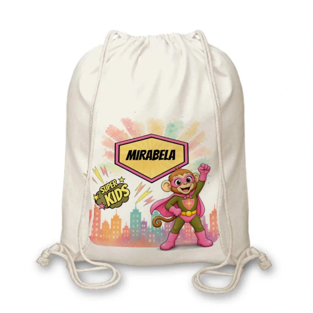 Rucsac textil personalizat pentru copii Maimuța Aventurieră - Super Kids
