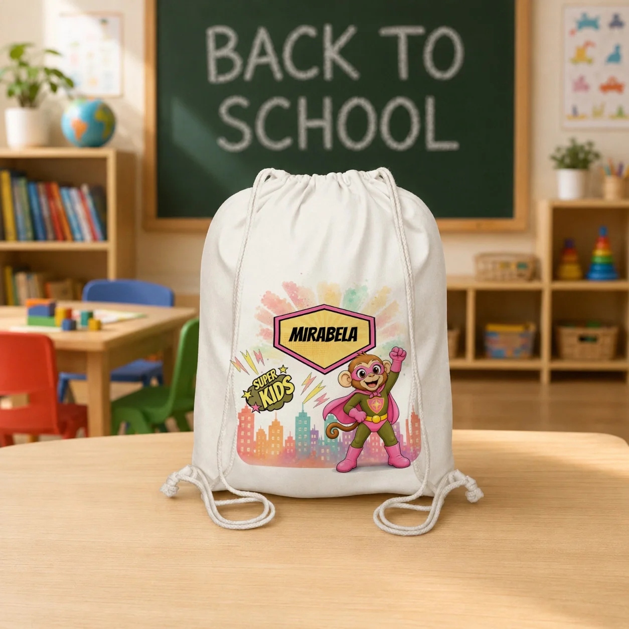 Rucsac textil personalizat pentru copii Maimuța Aventurieră - Super Kids