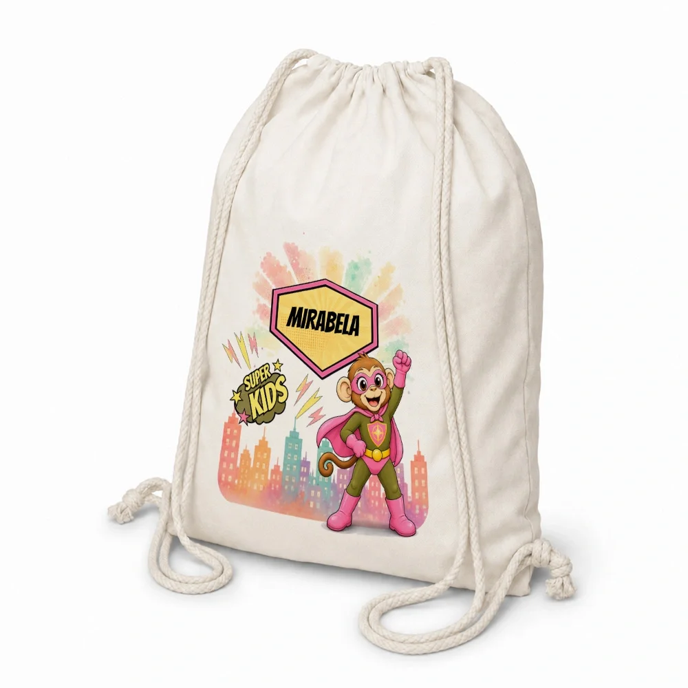 Rucsac textil personalizat pentru copii Maimuța Aventurieră - Super Kids