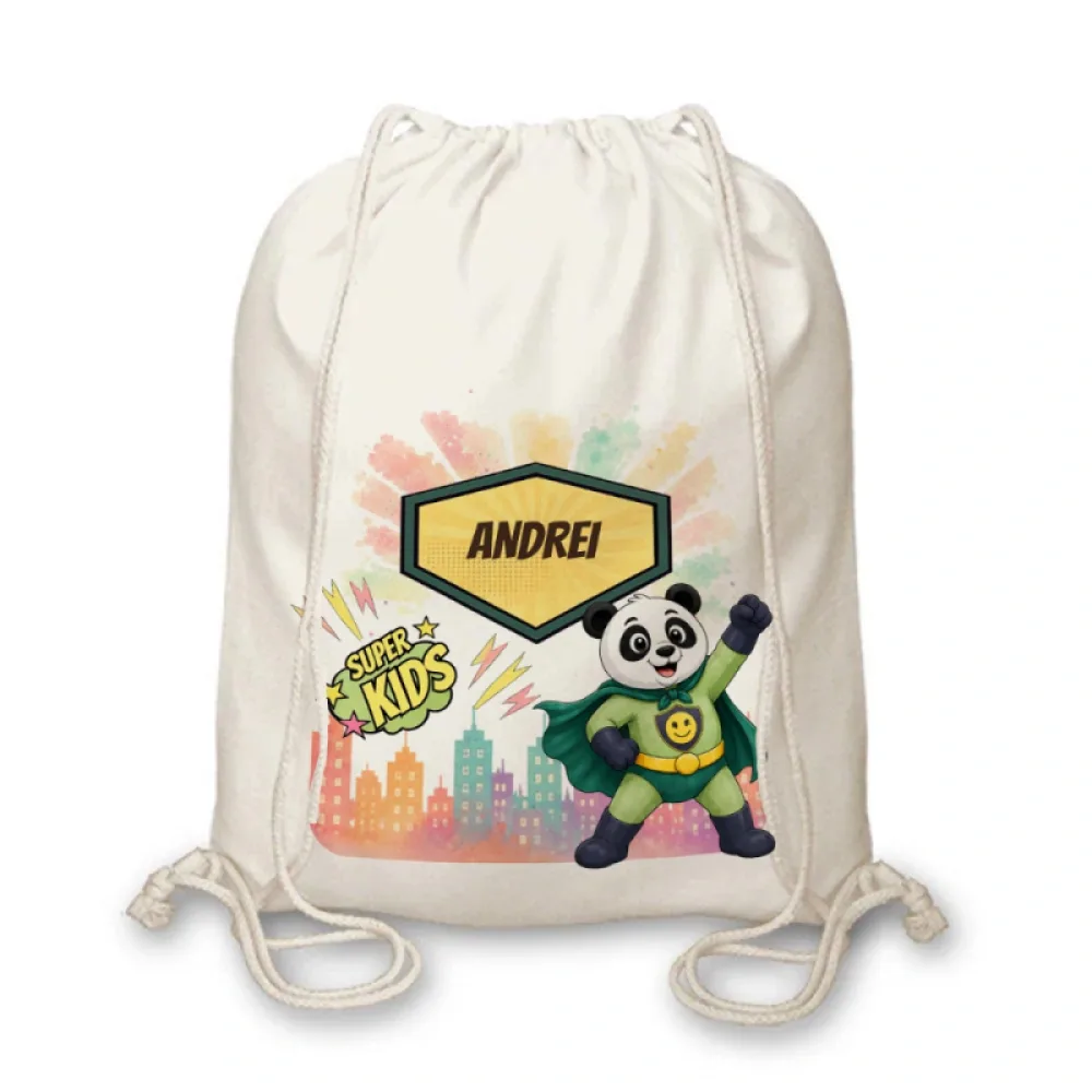 Rucsac textil personalizat pentru copii Panda cel Poznaș - Super Kids