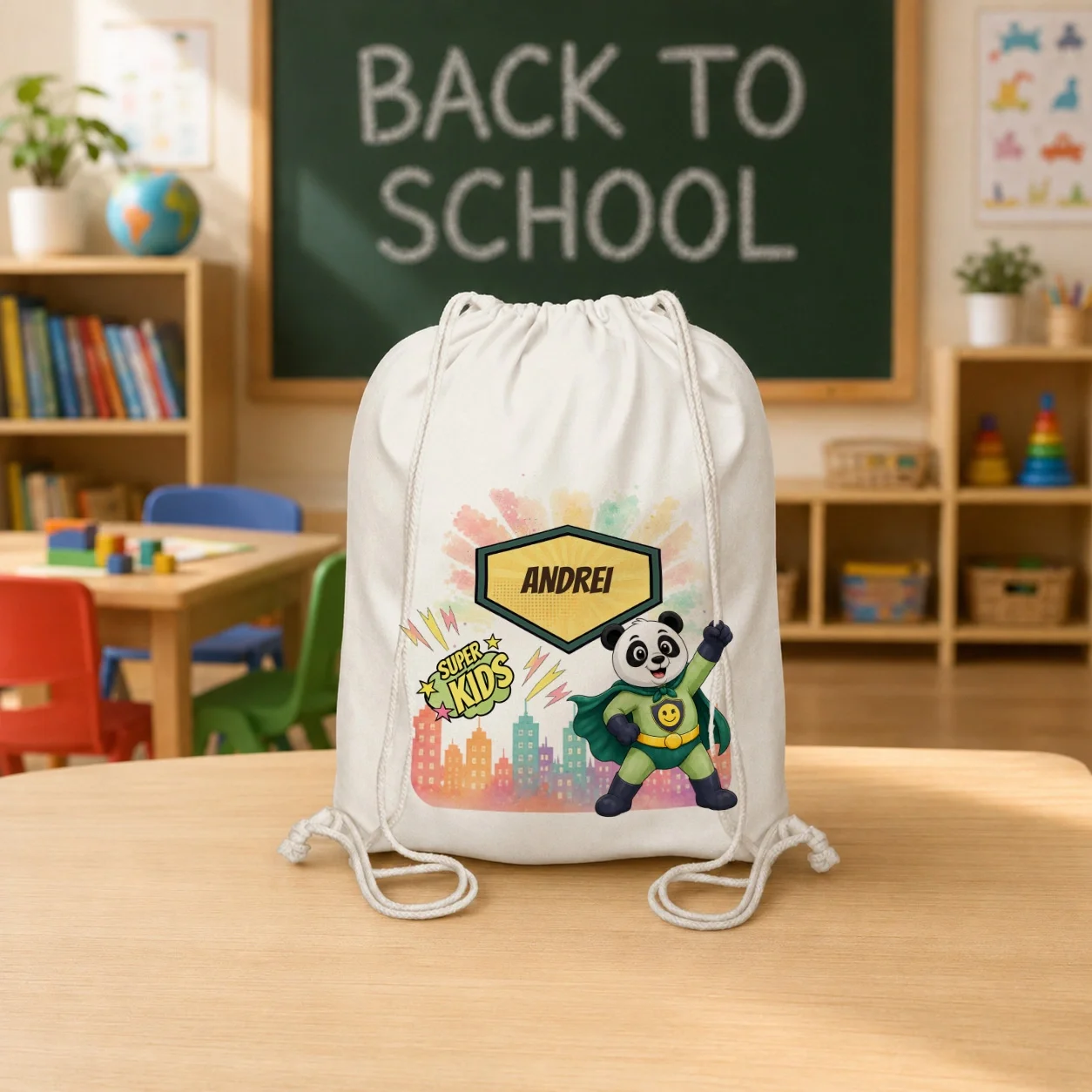 Rucsac textil personalizat pentru copii Panda cel Poznaș - Super Kids